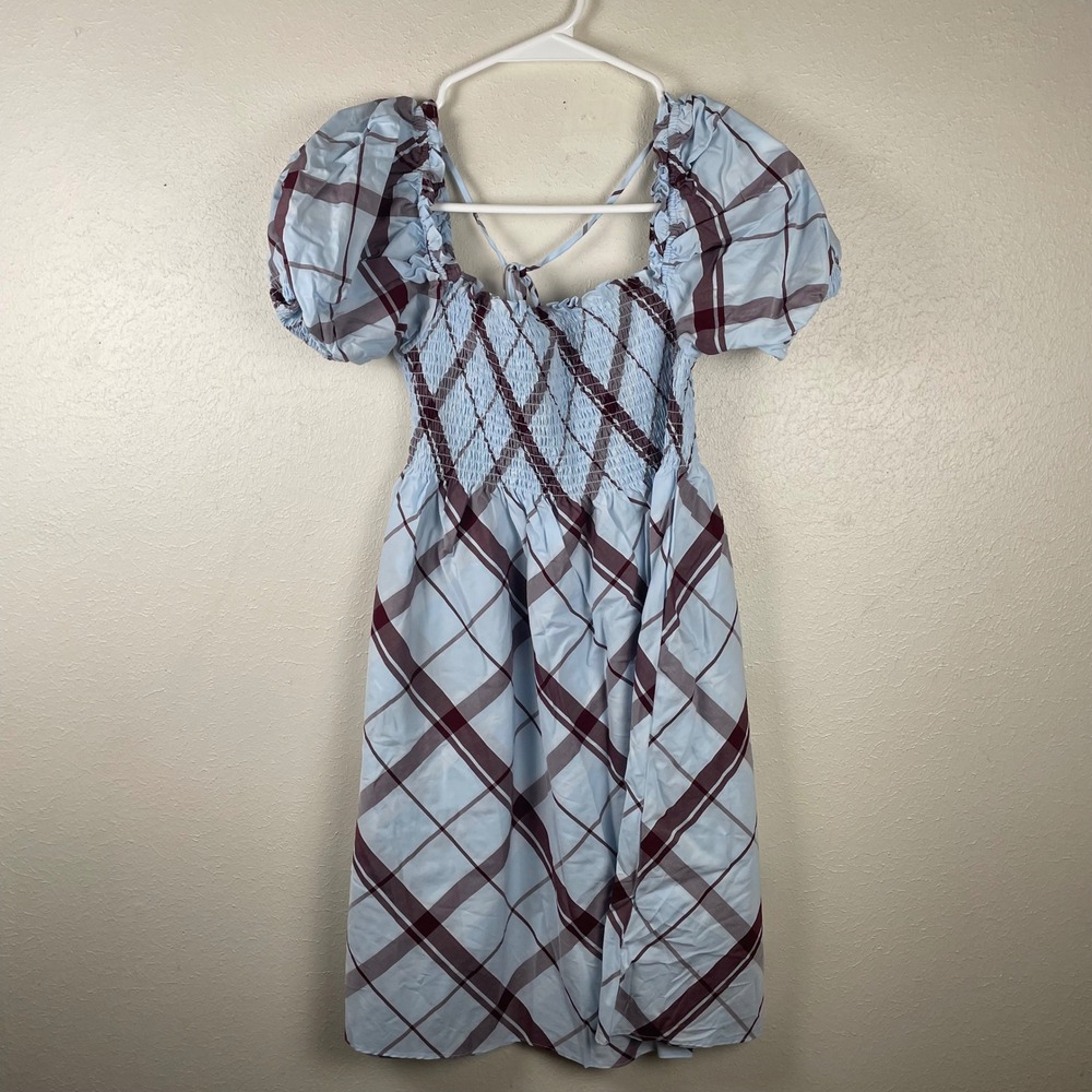 Hill House Navy‎ Burgundy Plaid Smocked Puff Sleeve Midi Dress Womens S